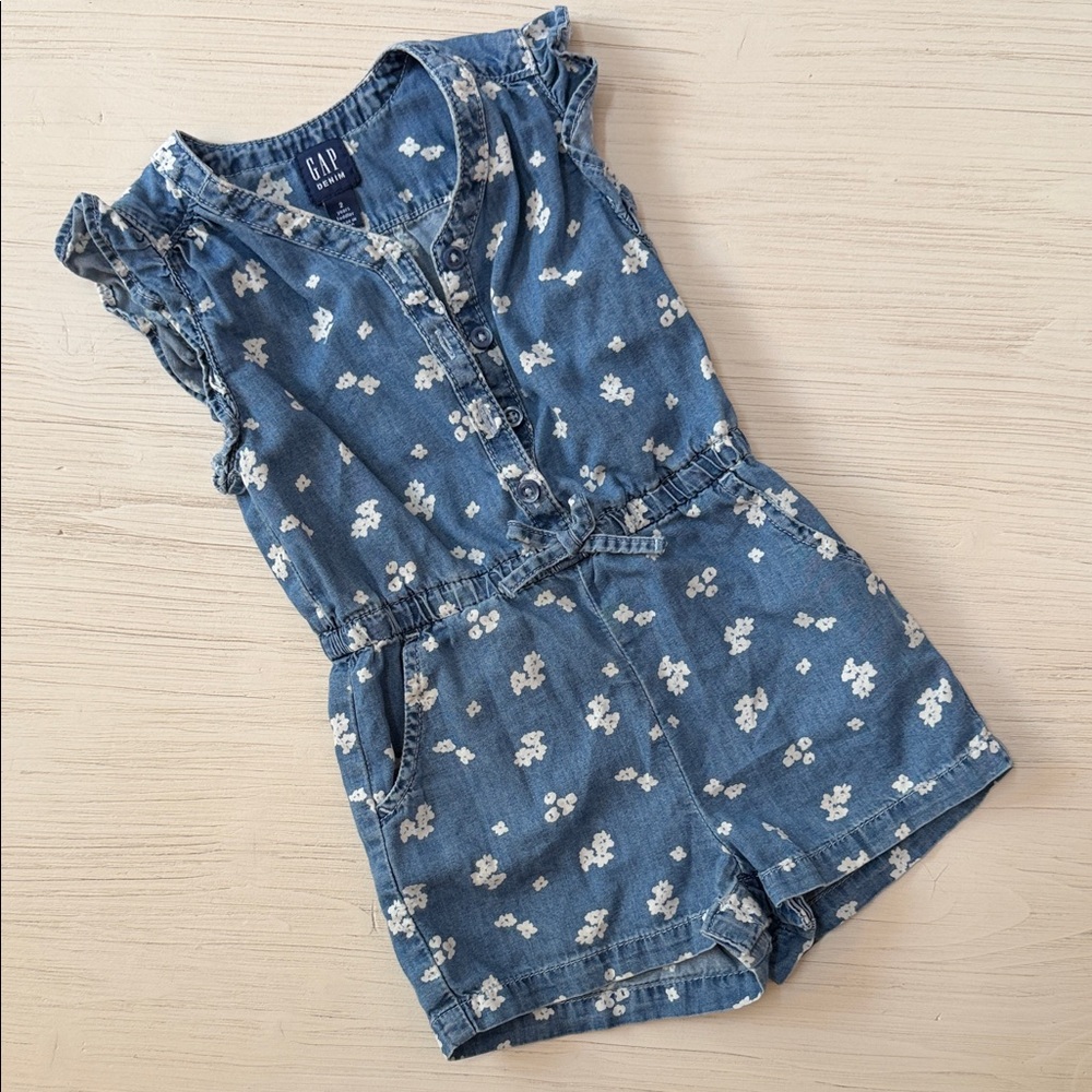 GAP Toddler Denim Romper with Cream Floral Design
